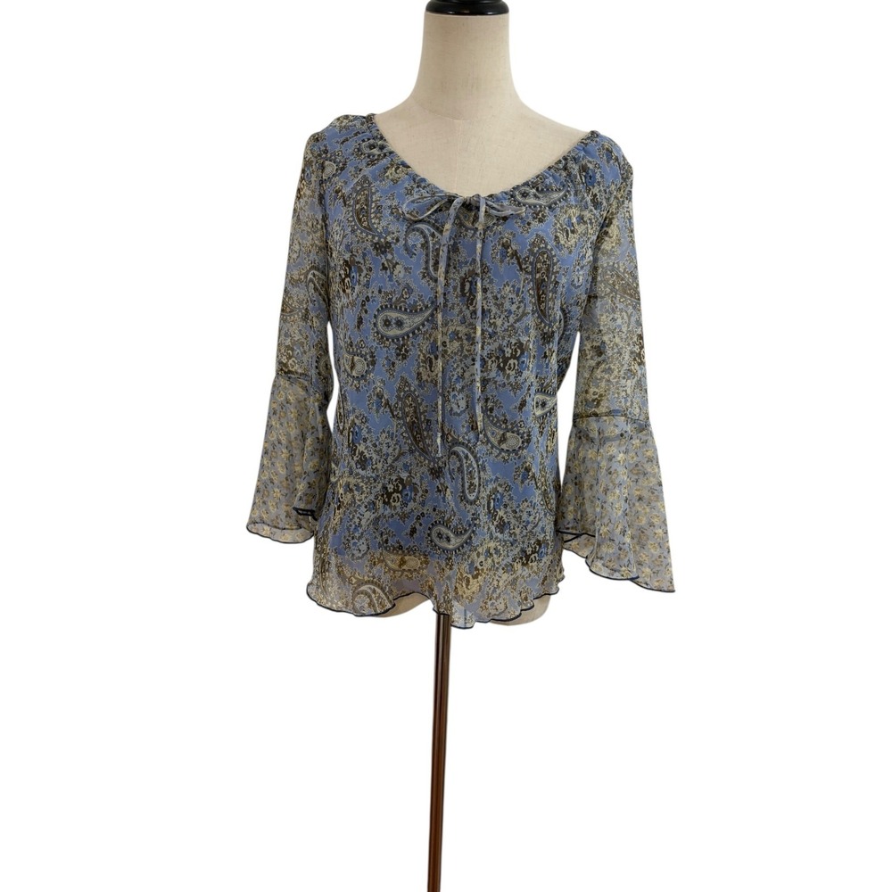 Vtg 90s Y2K Ombre Paisley Blouse 8‎ Blue Sheer Bell Sleeve Top Boho Western